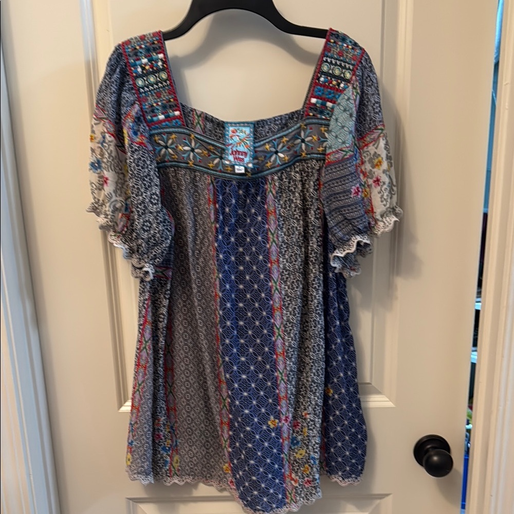 Johnny Was Blue Blouse with Bib Collar and Relaxed Fit